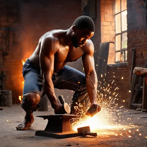 Realista. Black man hits an anvil with a sledgehammer from which several sparks come out, 35 anos, suor, trabalho, sem camisa, barefoot