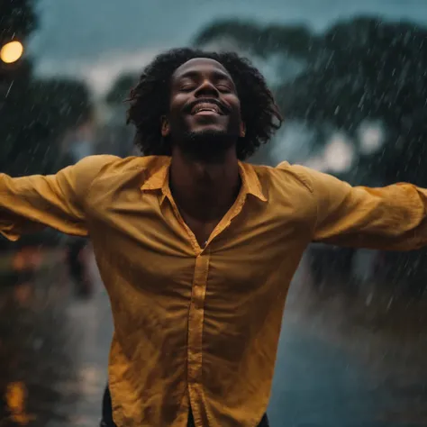 Black man with open hugs looking at the sky, sorrindo e sentindo a chuva cair em seu rosto. Sem camisa, barefoot