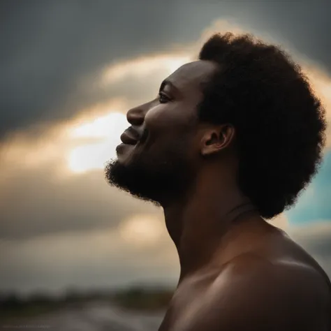 Black man with open hugs looking at the sky, sorrindo e sentindo a chuva cair em seu rosto. Sem camisa, barefoot