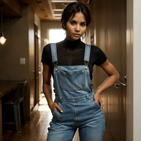 Halle Berry dressed in tight overalls