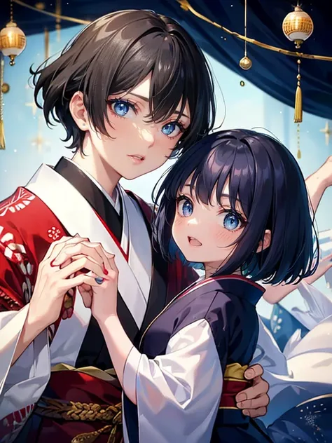 A (masterpiece, of the highest quality, ultra-detailed), featuring ((a 5-year-old girl and a 5-year-old boy)), with black and navy bob-cut hair, finely sculpted facial features, blue eyes, and fair skin, adorned in traditional Japanese kimonos, with sparkl...