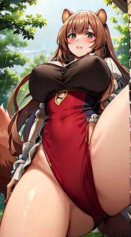 Raphtalia, NSFW, gigantic breasts, in rain, racoon tail, racoon girl, from below, open legs,
