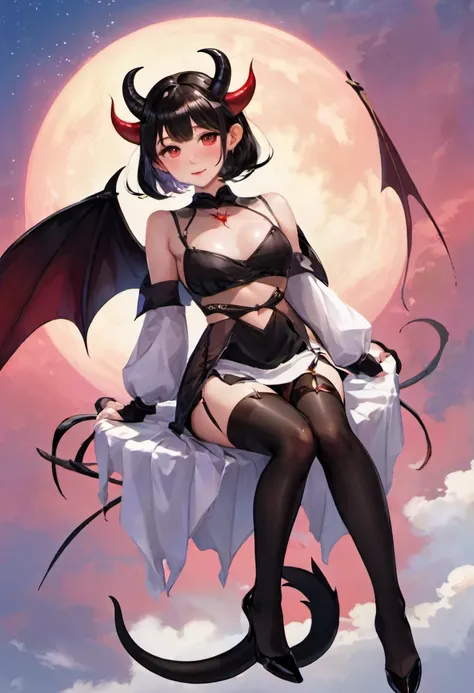 Cute Devil、25 year old female、Floating in the sky, looking down on the ground、perfect face、perfect style、Two antennae on the head、A thin tail on the buttocks、I can see the whole body、large wings on the back