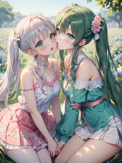 小さなgirl、The arrival of spring、big butt、 (alone:1.5,)Super detailed,bright colors, very beautiful detailed anime face and eyes, look straight, ;d, shiny_skin,girl, ((silver long hair,Inner color is red 、forehead is exposed.、green eyes、、shiny hair, delicate ...