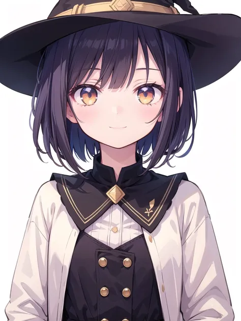 Witchs outfit, Anime-style portrait of a teen-ager girl with a deep violet bob cut, (Golden eyes), bright eyes, detailed eyes, eye contact with the camera, subtle smile, minimalistic background to emphasize character, high contrast, clean lines, digital pa...