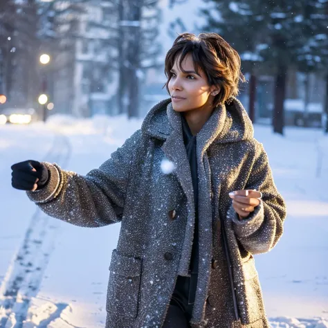 Halle Berry in the snow wearing a fitted coat