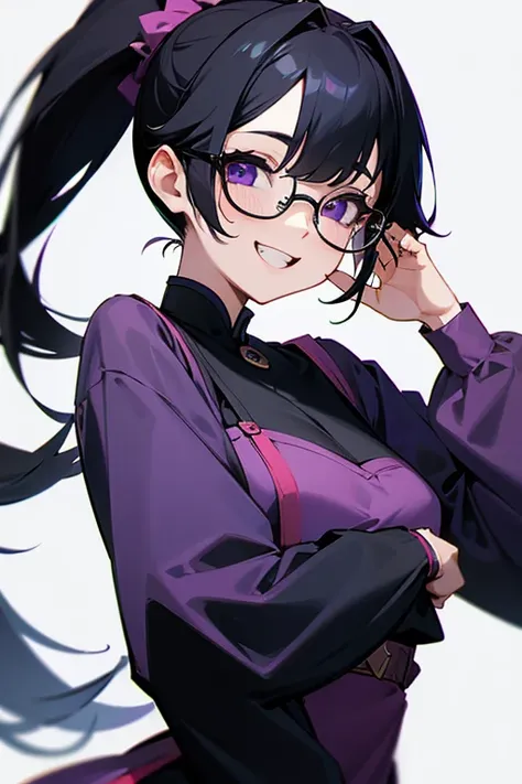 woman、black haired、ponytail、wearing glasses、Show your teeth a little、smile、、eyes are purple、