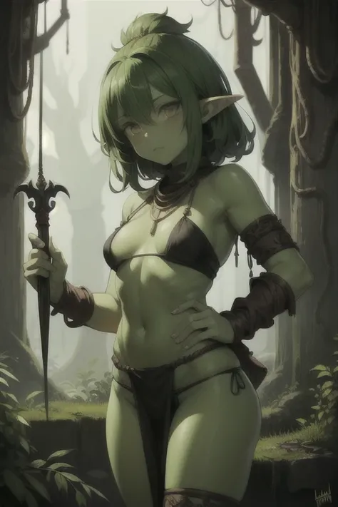 Overgrown hell life, goblin girl Vunxia, cracked skin, green skin, black veins, tribal cloth, loincloth,