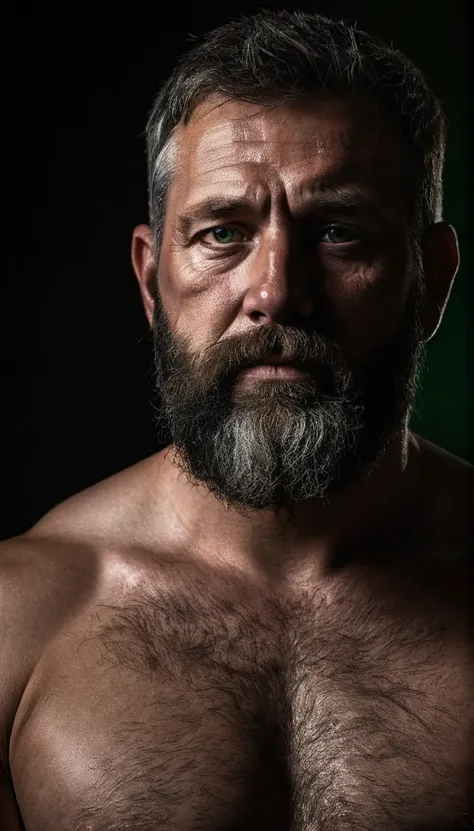 "Capture an 8K, hyperrealistic portrait of a man around 50 years old. He has very short military-style fade haircut, with a rugged beard that gives off a lumberjack vibe. His piercing green eyes gaze directly at the viewer. The scene shows the man from the...