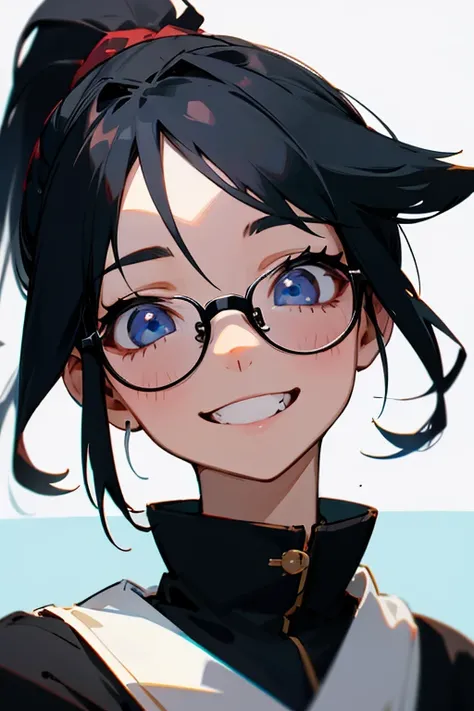 woman、black haired、ponytail、wearing glasses、Show your teeth a little、smile、eyes are blue、