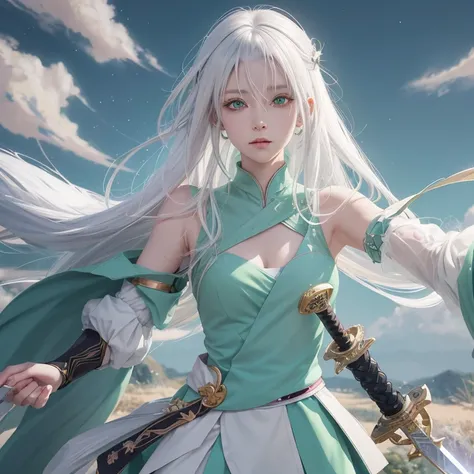 Anime girl with white hair and green eyes holding a sword, detailed digital anime art, anime style 4k, white haired god, anime art wallpaper 4k, anime art wallpaper 4k, Best Anime 4K Kona-chan Wallpaper, anime art wallpaper 8k, detailed anime artwork, deta...