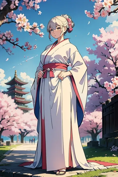 In the tranquil embrace of a bustling city park, where the cherry blossoms gracefully bloomed, their petals cascading gently in the breeze (0.8), a solitary figure knelt, her bulky form towering over the surrounding landscape. A tall, morbidly obese female...