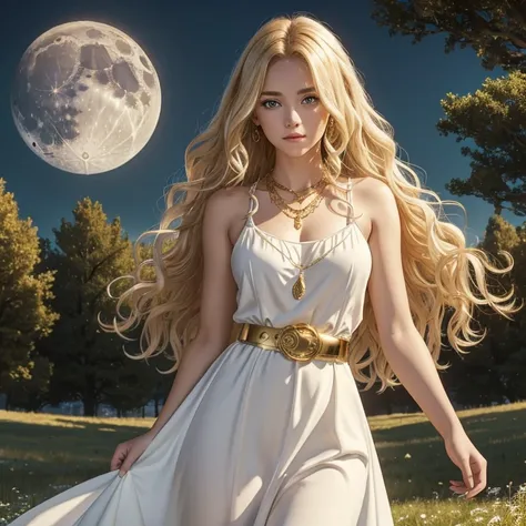 A 20-year-old girl with curly blonde hair in a white dress with gold decoration, a gold belt and a moon-shaped gold necklace looking straight at the viewer on a meadow background with trees standing 