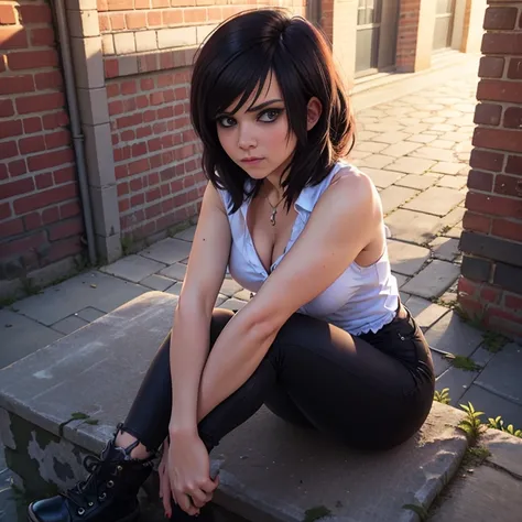 Masterpiece, best quality, detailed face, woman, black hair, emo clothes, ripped black jeans, leaning on a brick wall arms crossed, big breasted, looking at viewer, neutral face