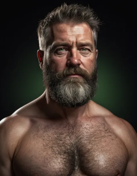 "Capture an 8K, hyperrealistic portrait of a man around 50 years old. He has very short military-style fade haircut, with a rugged beard that gives off a lumberjack vibe. His piercing green eyes gaze directly at the viewer. The scene shows the man from the...