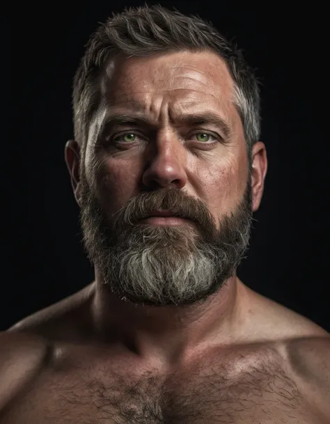 "Capture an 8K, hyperrealistic portrait of a man around 50 years old. He has very short military-style fade haircut, with a rugged beard that gives off a lumberjack vibe. His piercing green eyes gaze directly at the viewer. The scene shows the man from the...