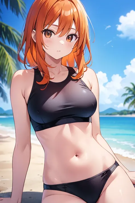 a beautiful orange haired woman wearing a 2 piece swimsuit with a black bra