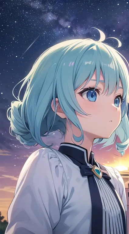 Anime style girl blowing bubbles under the stars,最high quality,very detailed,high quality,Extremely detailed,masterpiece,Super fine,ultra high resolution,超high quality,super delicate face,super realistic,(1 person:1.2)、woman、、light blue hair color、(Cute sk...