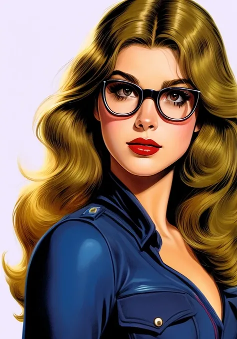 make a young woman from the 70s,Jack Kirby, jean michel basqu, 80s, lentes vermelho sangue,preto, preto olive digital painting,(melhor qualidade)