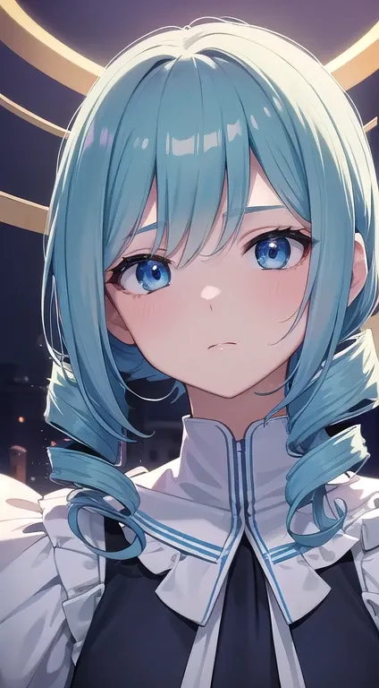 最high quality,very detailed,high quality,Extremely detailed,masterpiece,Super fine,超High resolution,超high quality,super delicate face,super realistic,(1 person:1.2)、woman、、light blue hair color、(Cute sky blue eyes)、(short:1.3)、flat chest 、 body shape、(twin...