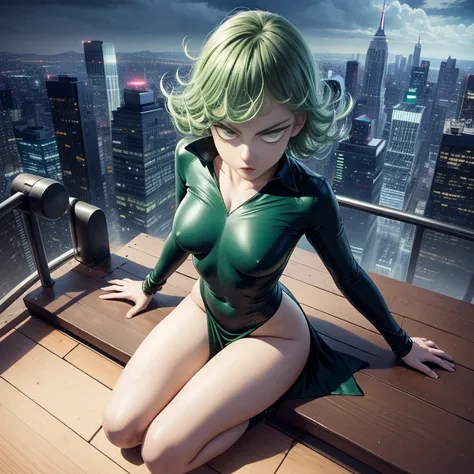  1girl, alone, Tatsumaki One Punch Man floating over a city, Anime girl, short hair, green hair, green eyes, Tatsumaki black outfit, Tatsumaki (One Punch Man) Clothing style, Black clothing, Black dress, long sleeve, pelvic curtain, Detailed clothes, maste...