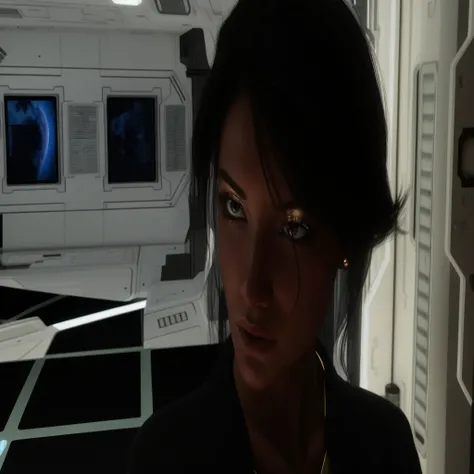 ultra-realistic, ultra-detalhado, ultra-detalhes intrincados, detalhes ultra-intrincados, K, High definition, multi-render, cinematic rendering, 3D rendering, there is a woman who is looking at the camera, attractive science fiction face, on a spacestation...