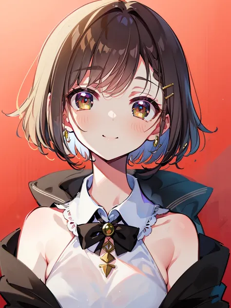 Witchs outfit, Anime-style portrait of a teen-ager girl with a deep violet bob cut, (Golden eyes), bright eyes, detailed eyes, eye contact with the camera, subtle smile, minimalistic background to emphasize character, high contrast, clean lines, digital pa...