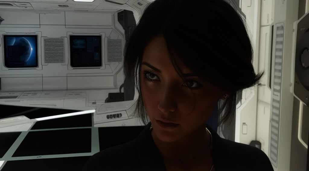 ultra-realistic, ultra-detalhado, ultra-detalhes intrincados, detalhes ultra-intrincados, K, High definition, multi-render, cinematic rendering, 3D rendering, there is a woman who is looking at the camera, attractive science fiction face, on a spacestation...