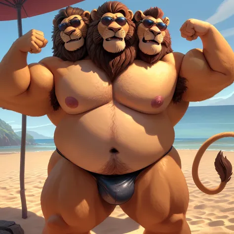 solo, (lion, lion tail), three heads on one body, (identical faces:1.3), (adult male, 50 year old male, (stylized 3d, by disney, by rembrandt), by pixar, by dramamine, (tall, chubby, manly, beefy, obese, fat), beach background, (sunglasses, thong, bulge, n...