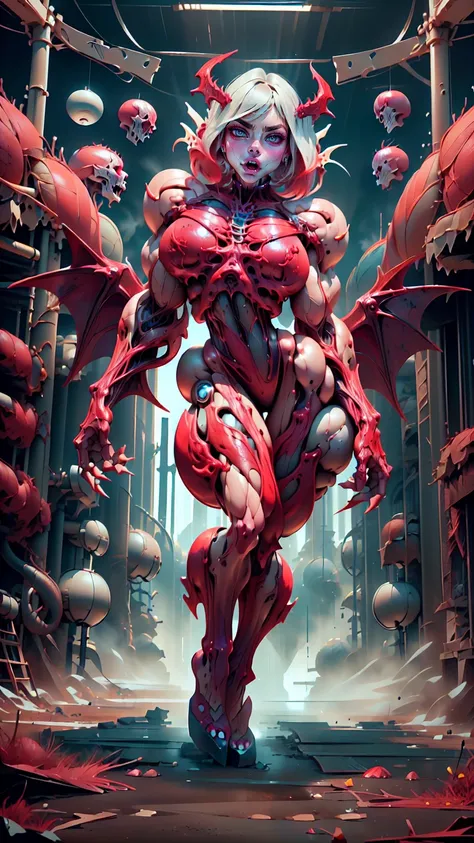 Character description: (1 girl), (cara delevingne:1.25), (beautiful girl face:1.25), (muscular succubus demoness), (carnage skinless physique:1.25), (huge gigantic wings & horns:1.25), (undead skinless succubus:1.25), (covered in red necrotic rotting skinl...