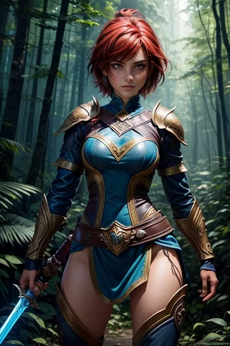 Create an image of a female character in a fantastic adventure setting.. Ella debe ser una guerrera valiente., wearing practical and resistant armor, with a sword drawn in a pose of determination. Your short hair should have a unique and vibrant color., co...