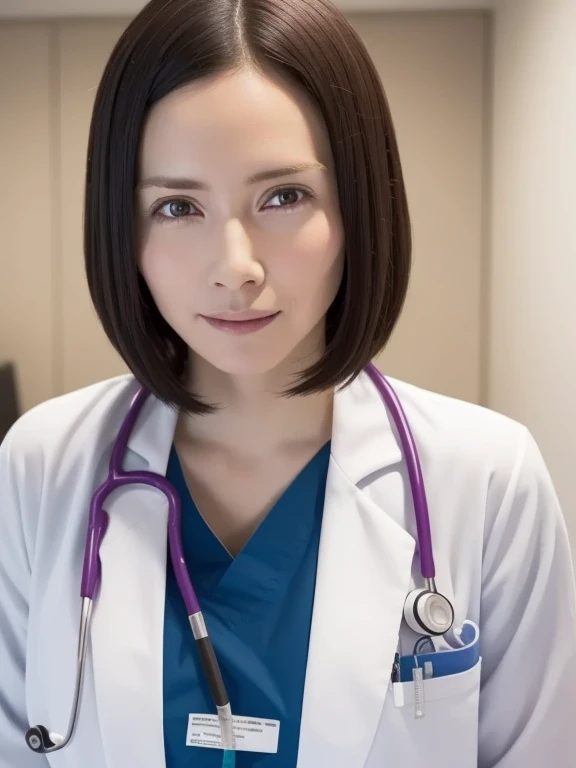 (raw photo, highest quality),masterpiece, natural light, 1 girl, wear a lab coat over a scrub, hospital examination room, stetho...