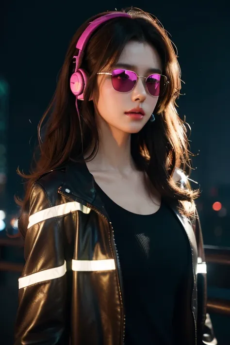 brown hair . beautiful woman with curly hair and sunglasses wearing full size headphones - ear piece or surround dark room neon ...