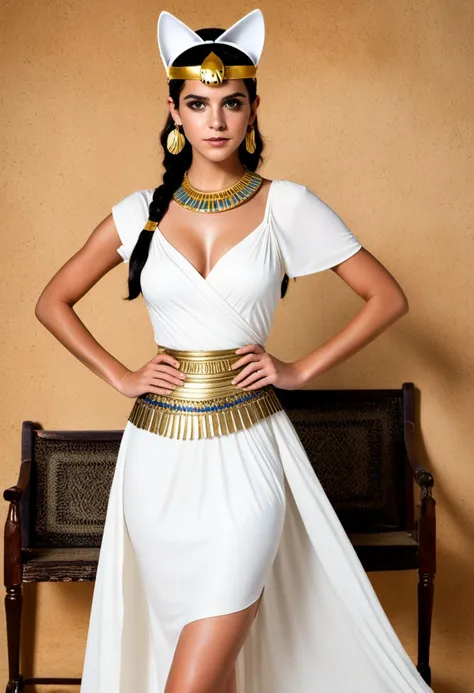 A woman in a white dress and cat ears poses for a photo, Egyptian princess, Egyptian cat goddess, beautiful cleopatra, Egyptian, Bed, Egyptian clothes, wearing an Egyptian crown, cleopatra, Egyptian style, pharaoh clothes, Egyptian clothing, Queen of the G...