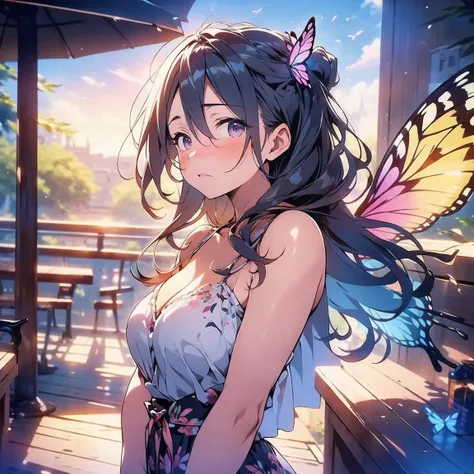 sketchbook,solemn expression,realistic lighting,soft brushstrokes,vibrant colors,butterfly wings,floral background,daytime scene