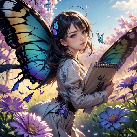 sketchbook,solemn expression,realistic lighting,soft brushstrokes,vibrant colors,butterfly wings,floral background,daytime scene