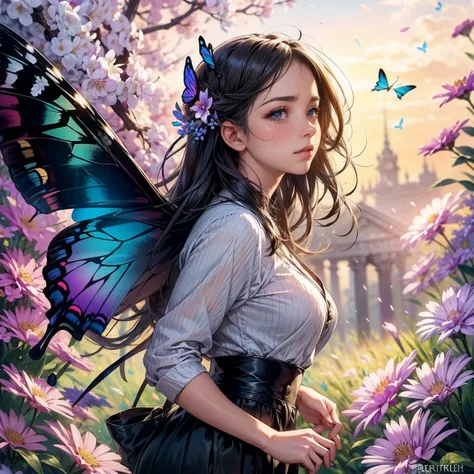 sketchbook,solemn expression,realistic lighting,soft brushstrokes,vibrant colors,butterfly wings,floral background,daytime scene