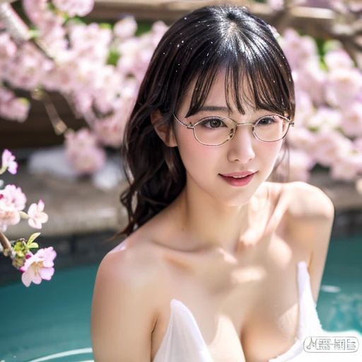 （masterpiece, highest quality, High resolution,8K）、A beautiful and elegant 35-year-old Japanese woman、Wear glasses、big breasts、cleavage、hair up、Open-air bath in the mountains、An open-air bath beneath the cherry blossom trees in full bloom、A white mist hang...