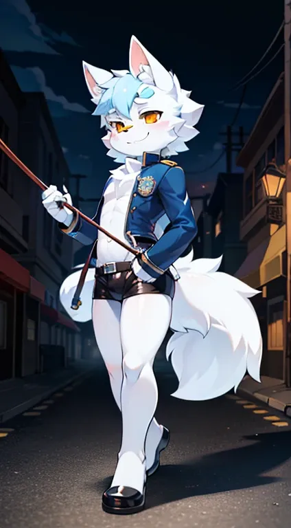 City，the street，full bodyesbian, Young Wolf, figure, tmasterpiece，Navy blue police uniform, Furry tail, Highest image quality, 8K, Full HD background，Cartoony，adolable，male people，a plush，Furry，White fur，White body，Light blue ears，Orange-yellow eyes，thick ...