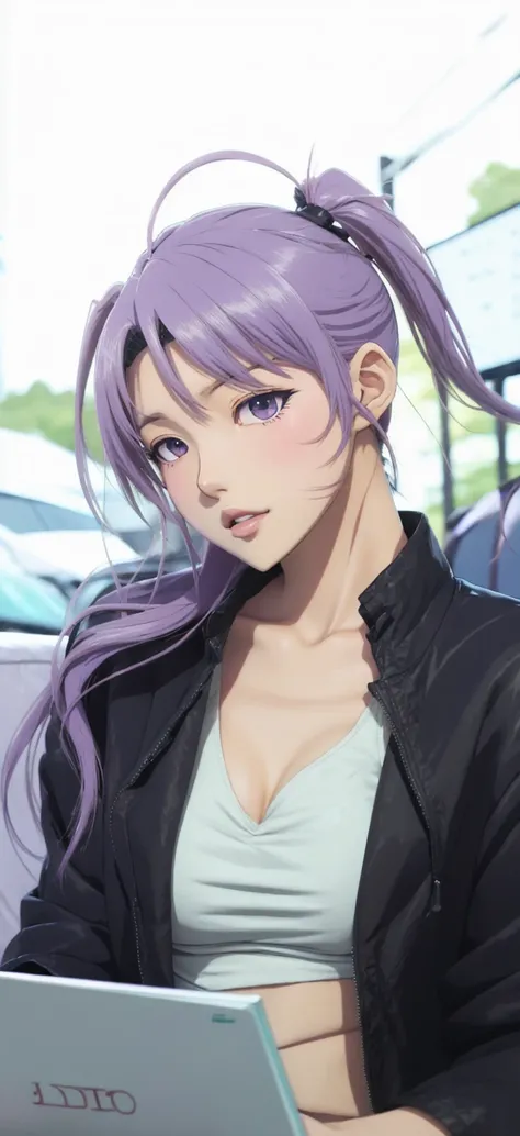 anime girl with purple hair and a black jacket sitting in front of a laptop, misato katsuragi, marin kitagawa fanart, jojo anime style, miura kentaro style, illustrious makinami, portrait knights of zodiac girl, anime moe artstyle, inspired by Rei Kamoi, i...