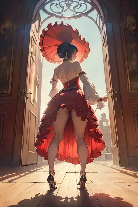 big arse under ((gigantic)) comically large long red hoopskirt crinoline, rigid fabric, structural fabric, victorian era, ridiculous bell-shaped dress diffusing sunlight, naked, nsfw, (frog perspective), (upskirt view), (back view), (bent over), seen from ...