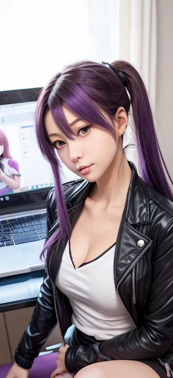 anime girl with purple hair and a black jacket sitting in front of a laptop, misato katsuragi, marin kitagawa fanart, jojo anime style, miura kentaro style, illustrious makinami, portrait knights of zodiac girl, anime moe artstyle, inspired by Rei Kamoi, i...