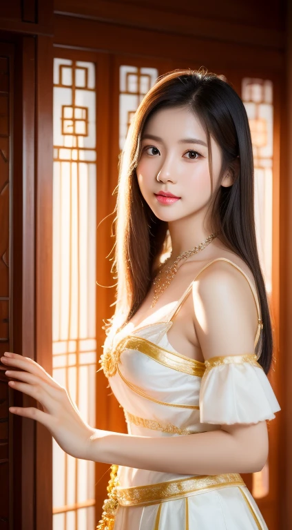 realistic photos of 1 cute Korean star, straight hair, white skin, thin makeup, 32 inch breasts size, wearing Thai traditional costume, necklace, in Thai style house, upper body portrait, backlighting, UHD