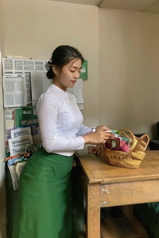 there is a woman standing in a green skirt and white shirt, nivanh chanthara, wearing traditional garb, traditional dress, wearing headmistress uniform, traditional clothes, wearing authentic attire, in style of lam manh, white shirt and green skirt, nutta...