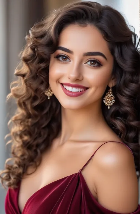 Generates a professional 8k UHD photograph of a 25-year-old brunette girl, large shiny black eyes, beautiful and cheerful eyes, shiny black curly hair, perfect and aesthetic facial features, soft and well-proportioned cheeks, very beautiful lips, smiling t...