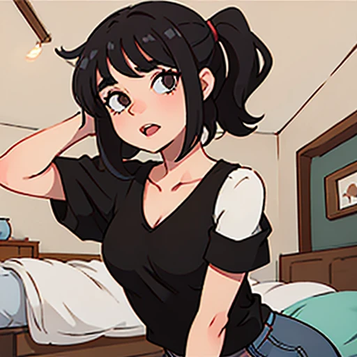 Girl with black hair on a bed looking at the camera,  corada, opening your mouth and showing your tongue, in cowgirl position, pov vaqueira, dando pra ver seu corpo inteiro, sem roupas, buceta e peitos a mostra, mamilos