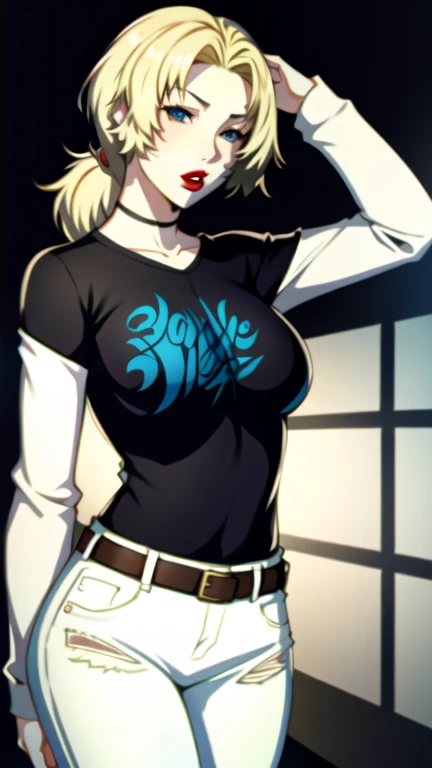 cathfe16, blonde hair, 1girl, solo, standing, black t-shirt, white shirt, blue jeans, belt, lipstick, large breasts