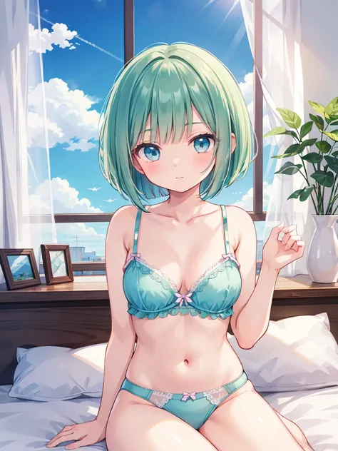 masterpiece, beautiful illustrations, highest quality, pretty girl, 1girl, Bedroom, pastel colour, (two-separated lingerie), cute lingerie, (Spring Green bob cut), bright lighting, sky-blue eyes