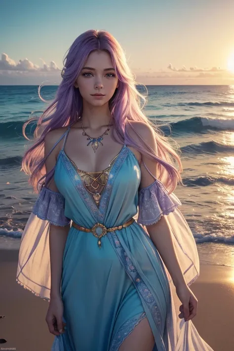 (best quality,4k,8k,highres,masterpiece:1.2),ultra-detailed,(realistic,photorealistic,photo-realistic:1.37),white-skinned woman with lilac hair and bright blue eyes, wearing blue bohemian clothes, standing at the edge of the beach. She is surrounded by gol...