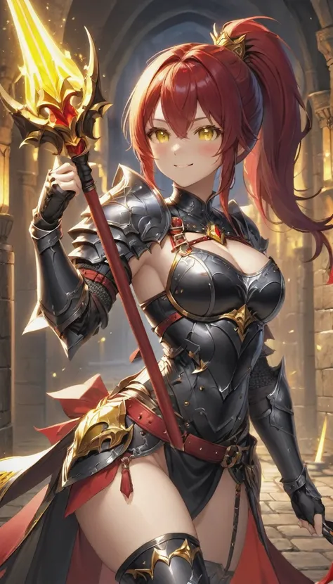 masterpiece,best quality, knight, long hair, red hair, ((Ponytail)), yellow eyes, perfect face, black armor,, ((exposed arm)), red_ornaments, red_tabard, thong, belt, Spear, ((big tits)), exposed belly, smiling, 1girl, strikes, Perfect face, thick thighs, ...